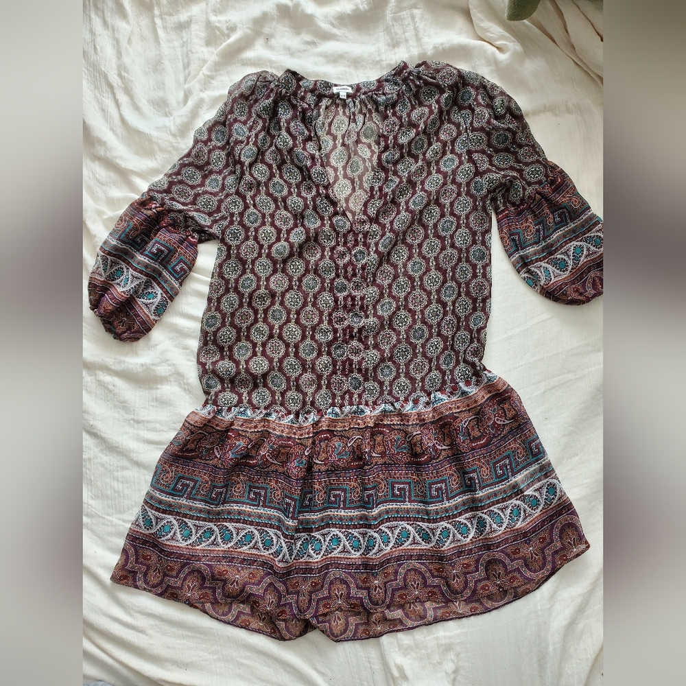 Kismet Burgundy and Teal Patterned Paisley Long Top Size XS